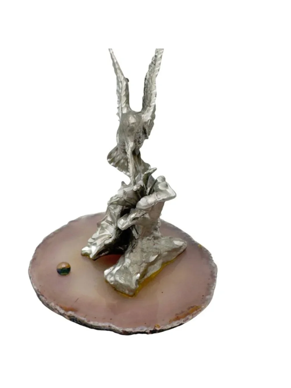 Pewter Hummingbird & Hibiscus Vtg Figurine Separate Agate Base 3.5